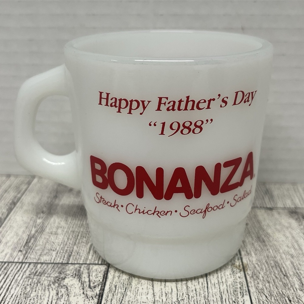 Vintage 1988 Bonanza Steakhouse "Happy Father's Day" Milk Glass Coffee Mug